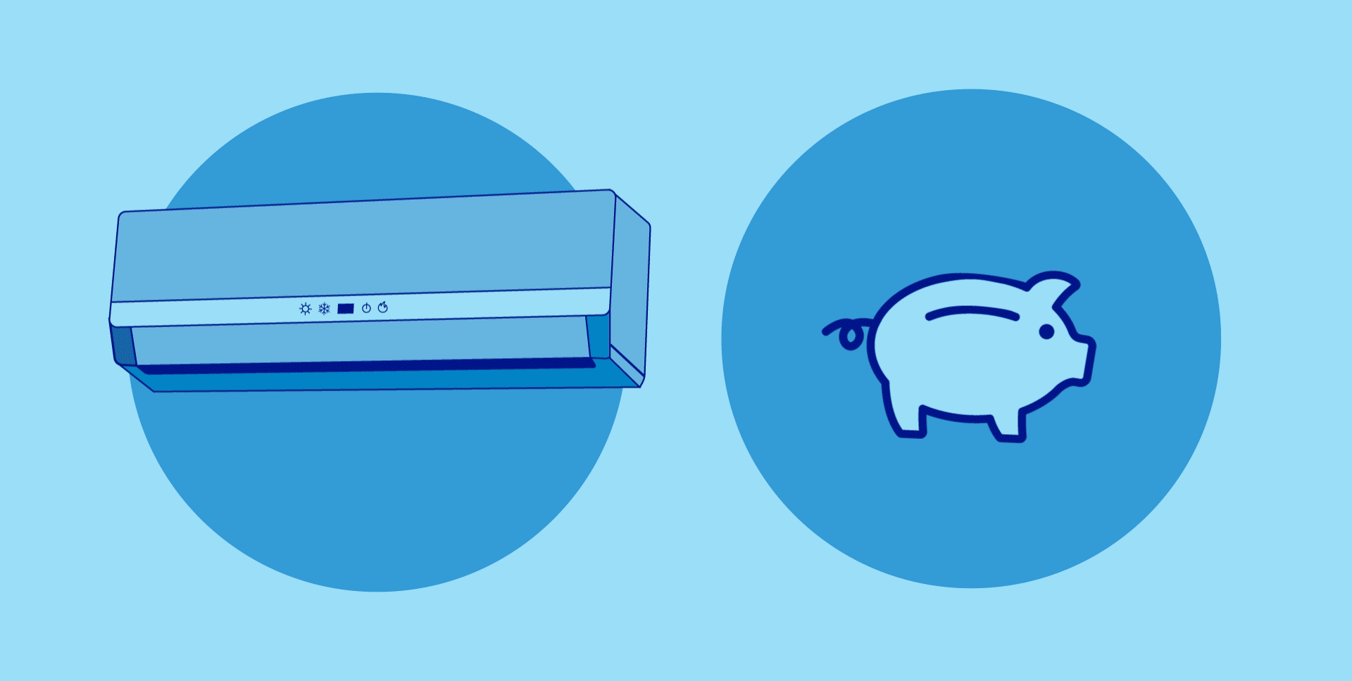  Illustration of a ductless heat pump emitting warm air and illustration of coins going into a piggy bank 