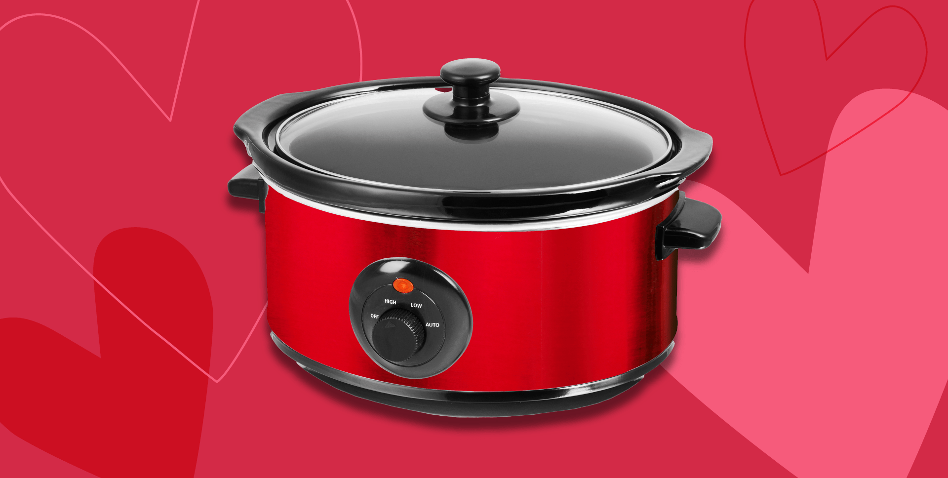 A red slow cooker on a background with pink and red hearts.