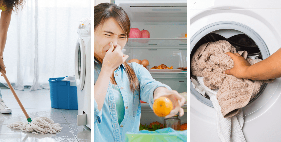 Image 1 alt text: A person mopping the floor in front of the washing machine. Image 2 alt text: A woman pinching her nose as she removes food from the refrigerator and throws it in the garbage. Image 3 alt text: A person placing towels in the clothes dryer.