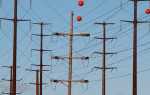 A photo of an older wooden transmission pole surrounded by newer steel transmission poles.