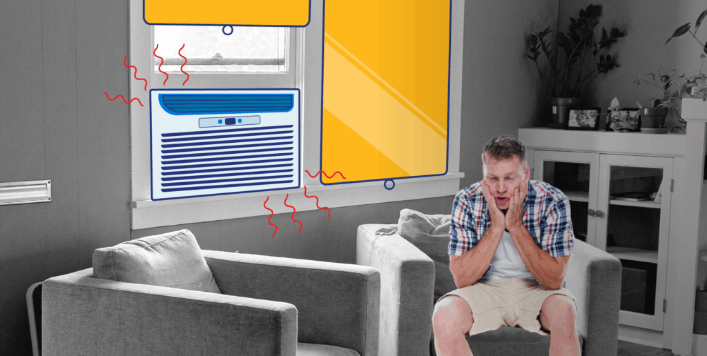 A man sitting in his living room with his head in his hands near an illustrated window A/C unit that’s leaking hot air