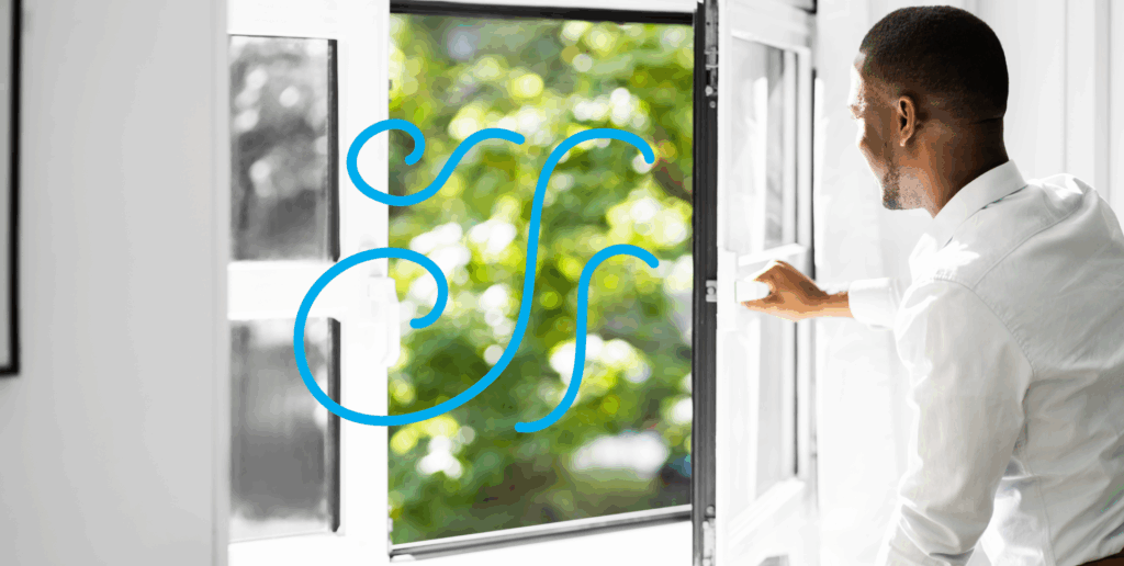 A man opening a window and letting illustrated cool breezes in