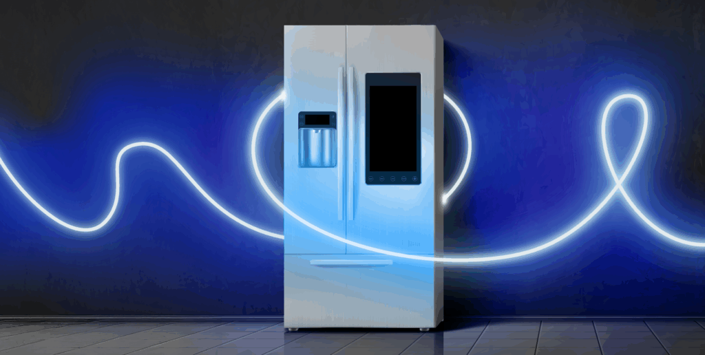 Smart refrigerator with neon lights swirling around it