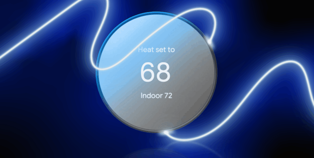 Smart thermostat set to 68 degrees with neon lights swirling around it