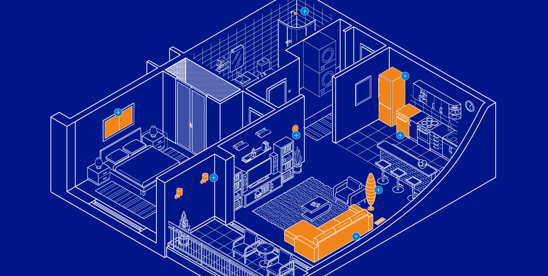 Blueprint-style floor plan of an apartment, with various appliances highlighted in orange