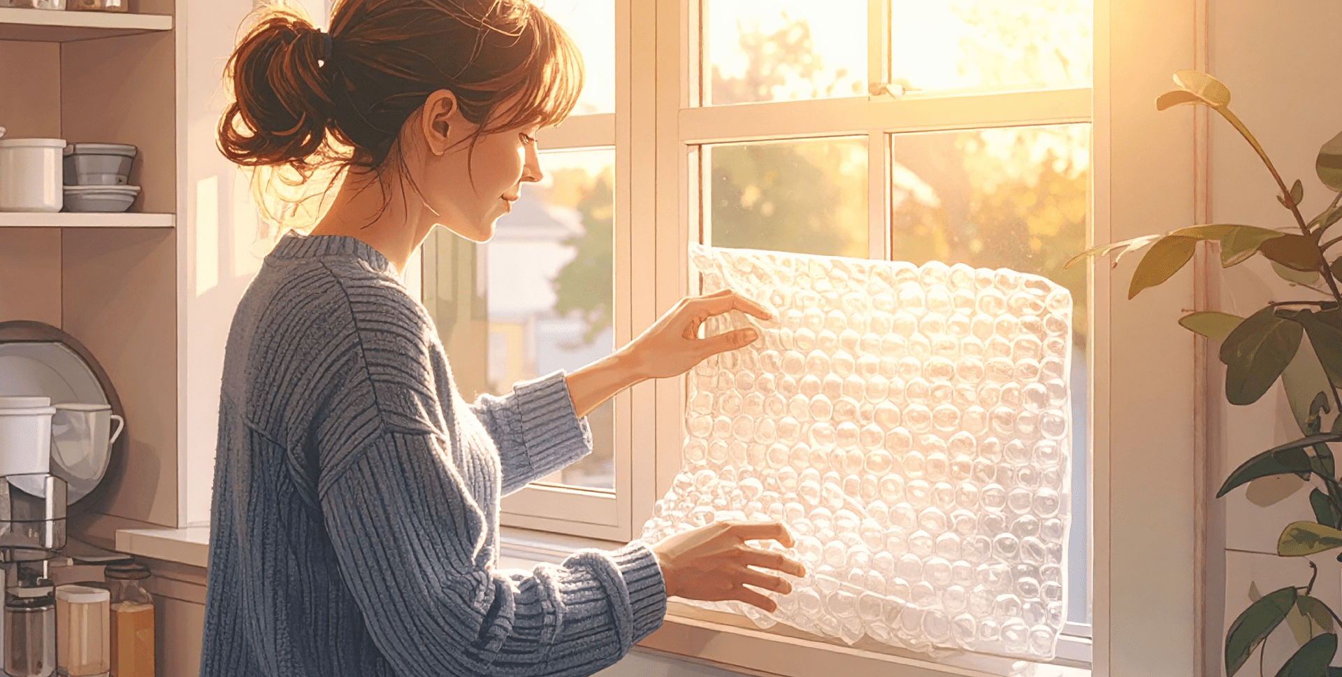 Illustration of a woman placing bubble wrap over her windows