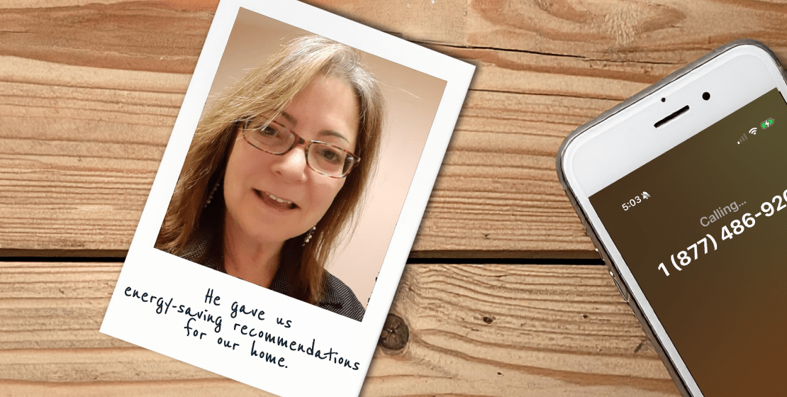 Polaroid-style photo of a PPL customer with handwritten text below that says, “He gave us energy-saving recommendations for our home.” Next to the photo is a mobile phone calling the number to schedule a Virtual Assessment.