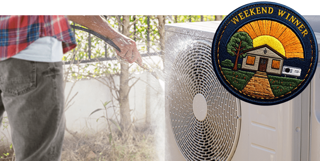 Person cleaning an outdoor air condenser with a hose, with a “Weekend Winner” embroidered patch over the image