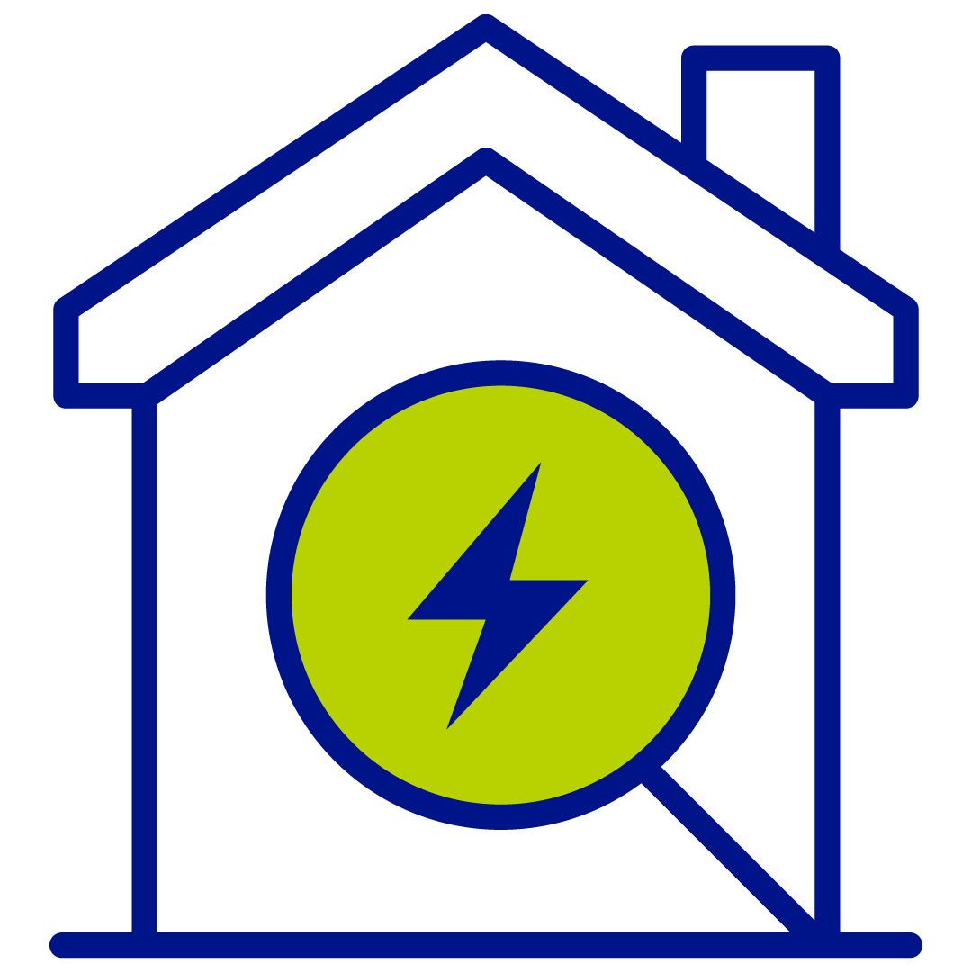 House with a magnifying glass containing a lightning bolt over it