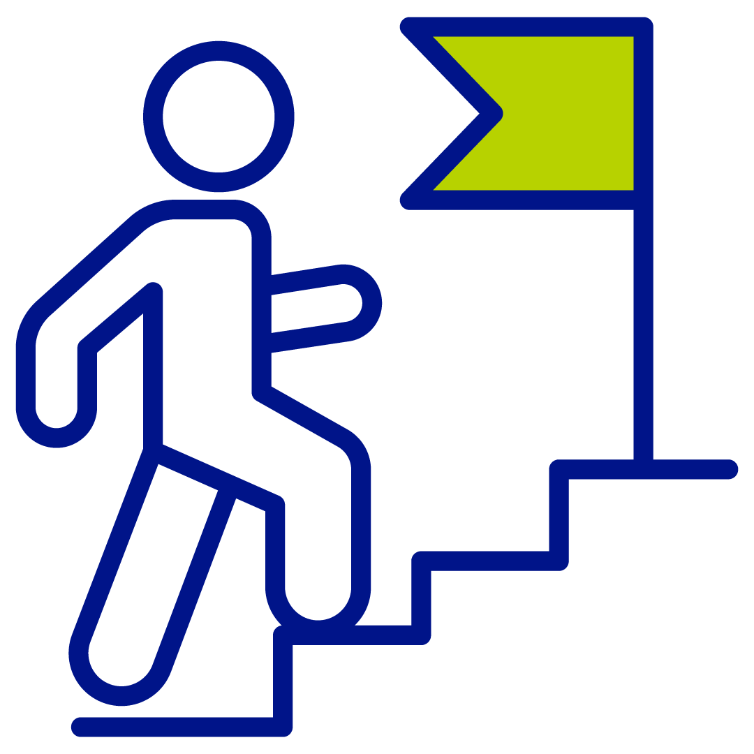 Person walking up stairs toward flag at the top