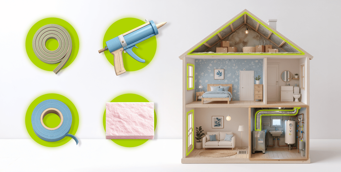 60164_PPL_Sept_Editorial_Blog_header_1110x560_RELEASE Illustrated cross-section of a house with highlighted places to insulate, next to weatherstripping, caulk, tape and insulation.