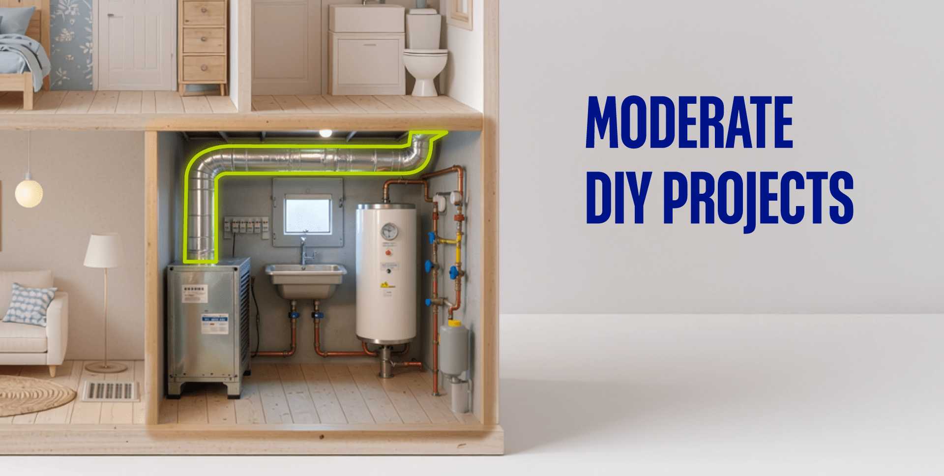 Close-up of house cross-section showing basement utility room with ductwork highlighted. Text reads “Moderate DIY projects.”