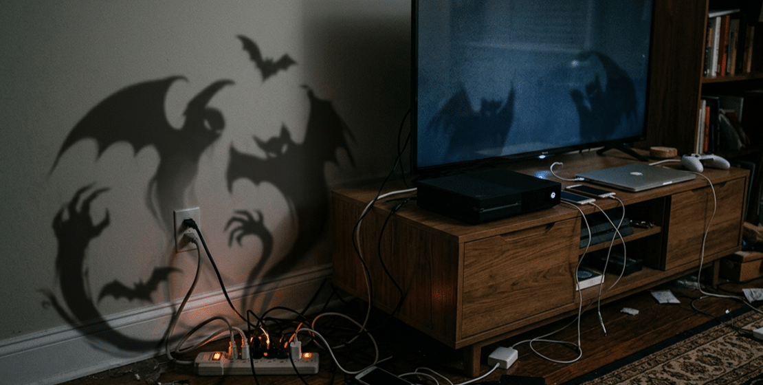 EU_Energy Vampire_Sky 1170×700 px_B A photo of appliances that are examples of energy vampires with shadowy Halloween-themed figures in the background.